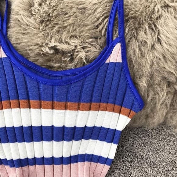 Women Ribbed Woven Bodycon Dress Medium M Blue Pink White Stretch Wide Stripes - Picture 14 of 16